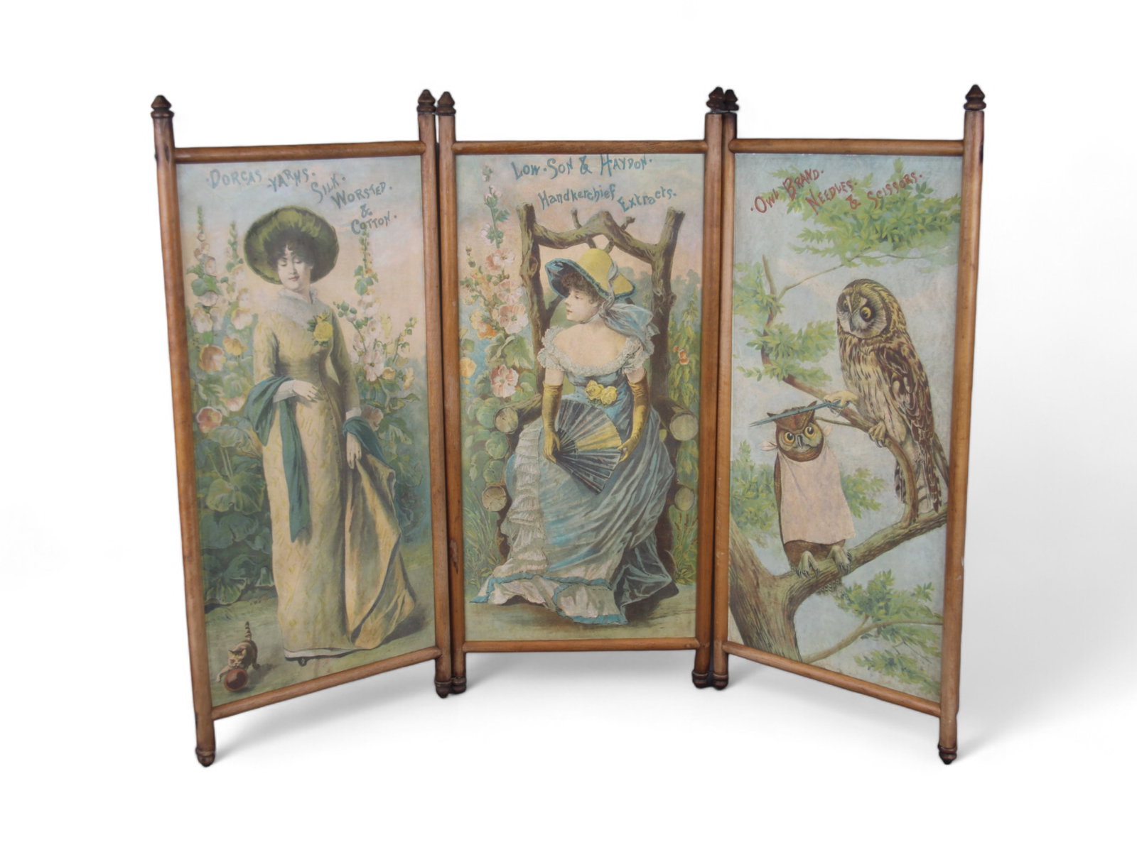 Early Pharmacy 6 Sided Advertising Folding Screen: Features six chromolithographed posters of Victorian ladies with different advertising for (1) Bartlett Hooper & Co., Cachous & Pastiles, (2) Low Son & Haydon Pure Toilet Soaps, (3) Howard Brush & Co.