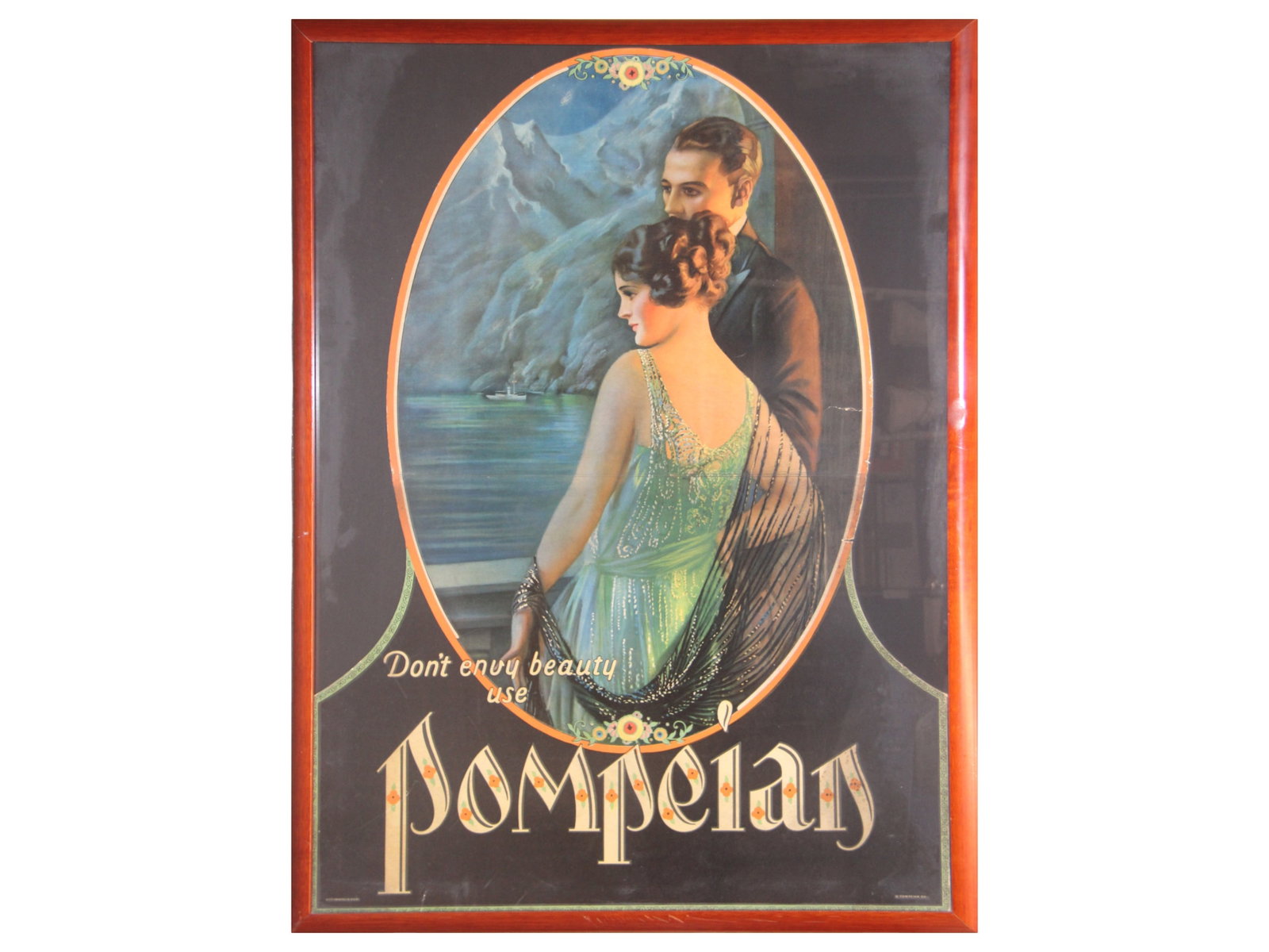 Pompeian Beauty Powder Cardboard Advertising Sign: Circa 1920's, original cardboard diecut advertising sign for "Pompeian" Beauty Powder. "Honeymooning in the Alps" with artwork by Gene Pressler. Approx. 30-1/2" x 42-1/2". Features creases, light edge