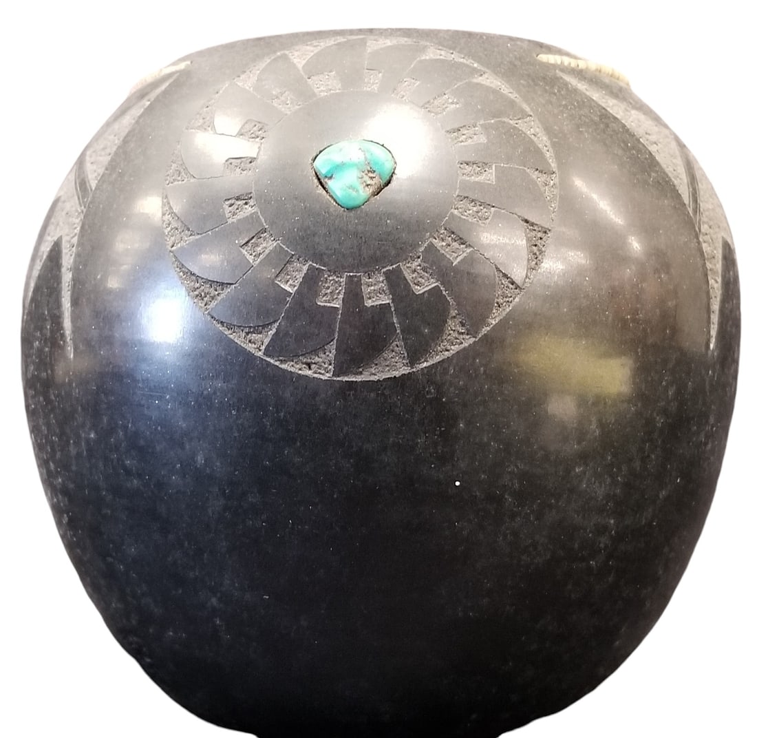 San Ildefonso Pottery Jar - Juan Tafoya: Black Matte Jar with Turquoise inset. 5 1/4" tall 5 3/4" across.