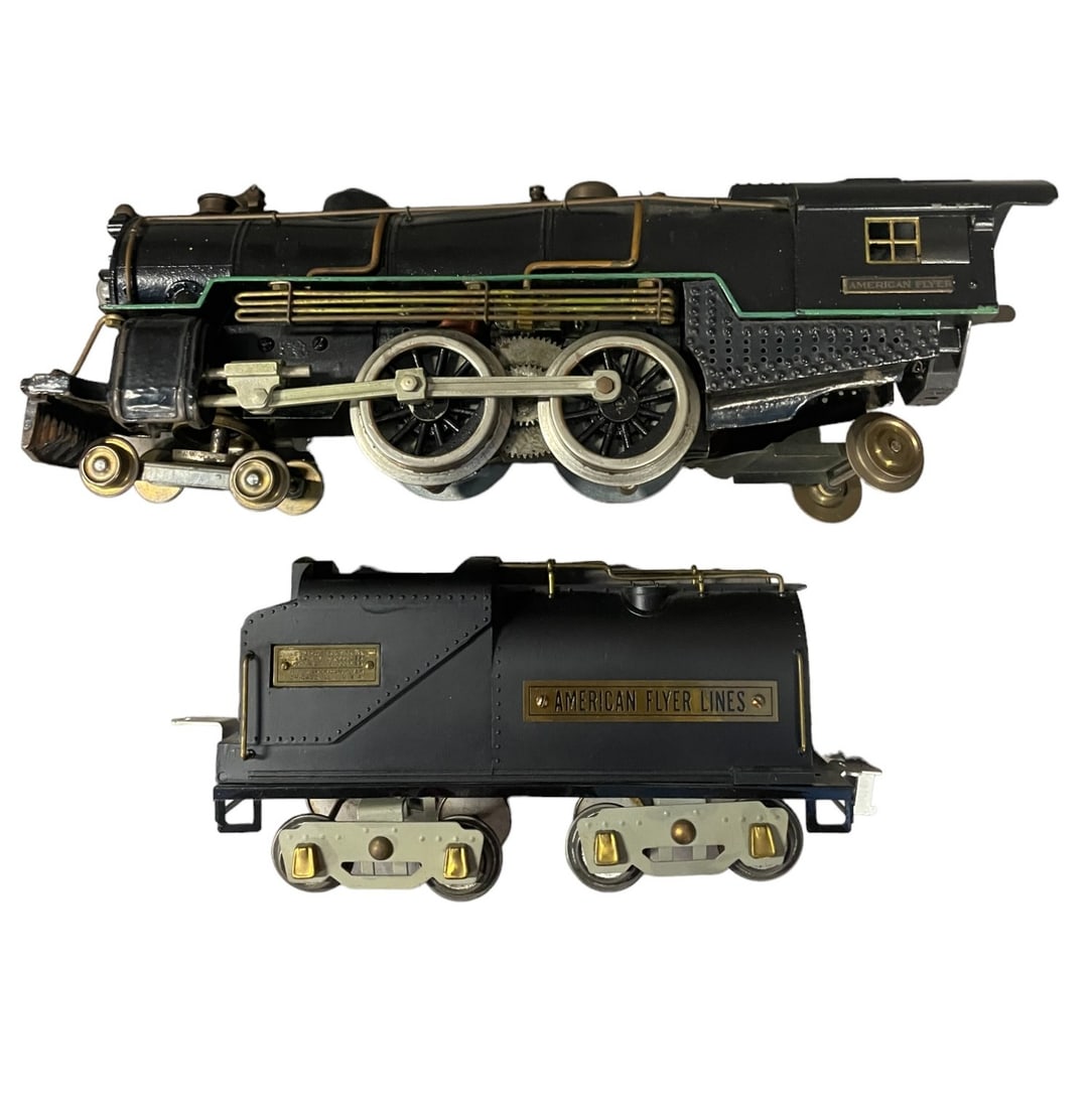 Restored American Flyer 4695 Steam Loco: Standard Gauge. top of the line in 1930. Nicely restored, wheels turn freely and presents well. Tender is a bit satin so doesn?t match the loco perfectly.