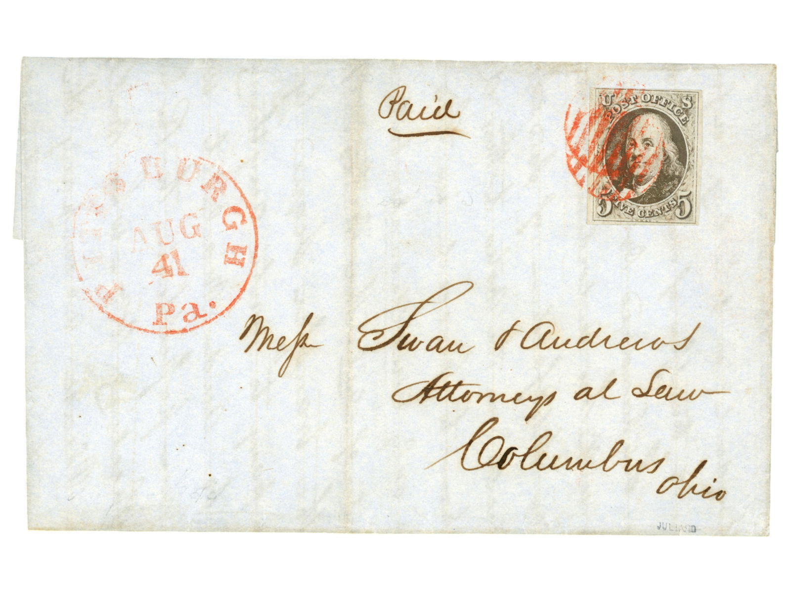 U.S. #1 1847 Five Cent Brown on Cover. (1 of 4)