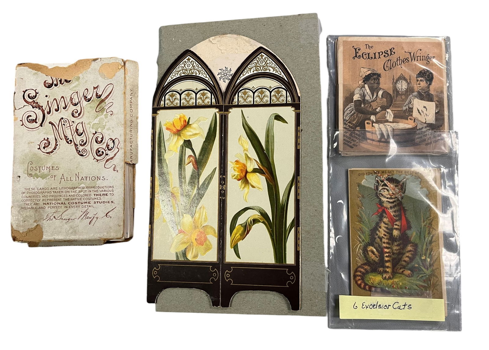 Trade Card Collection: Wonderful lot of Victorian Trade Cards. Lot includes Approx. 290 trade cards with various topics. Topics include Sewing related, Singer Sewing Machine Boxed Group , Organs and pianos,Harness Racing, B