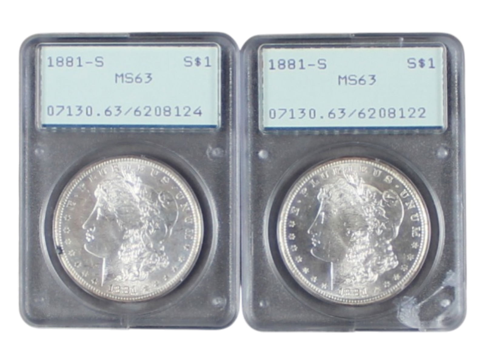 (2) PCGS Graded 1881-S Morgan Dollars MS63 Rattler (1 of 2)