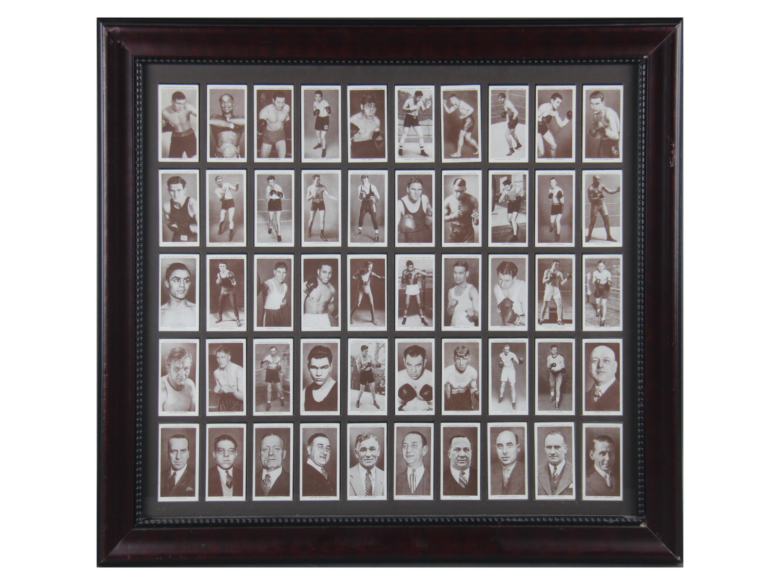 1938 Churchman Boxing Complete Set Framed: Complete set of 50 cards from the 1938 W.A. & A.C. Churchman "Boxing Personalities" set. Features boxing stars of the time including Joe Louis, Max Baer, Jack Dempsey, Jack Johnson, Gene Tunney, Max S