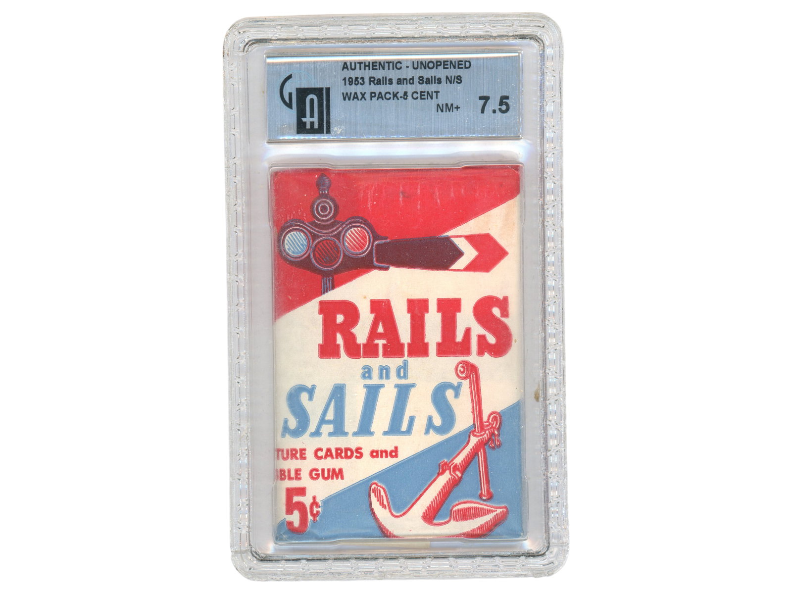 1953 Topps Rails and Sails Wax Pack GAI 7.5: Authentic - Unopened 1953 Topps Rails and Sails 5 cent Wax Pack GAI 7.5 NM+