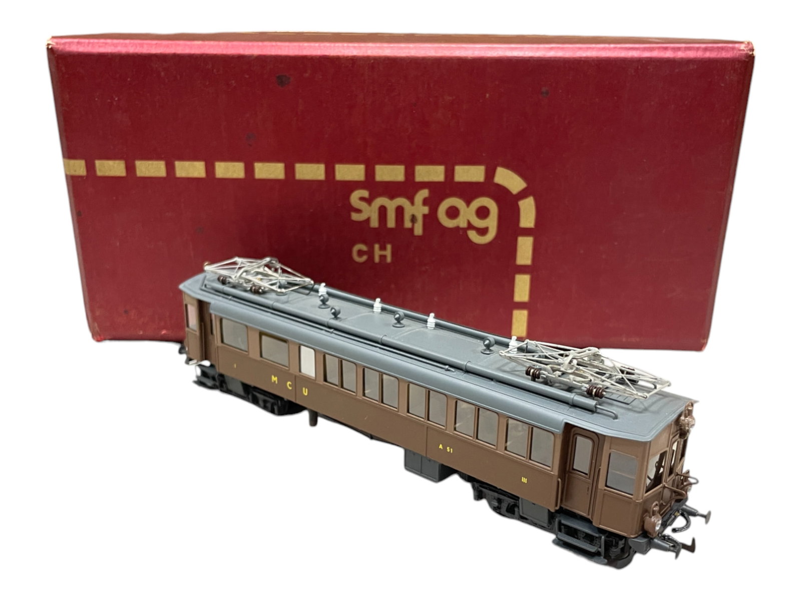 SMF AG Brass HO MCU Rail Car: Switzerland. MCU(India) BCe 4/4 A50 Factory painted interurban, 1920s style with interior.