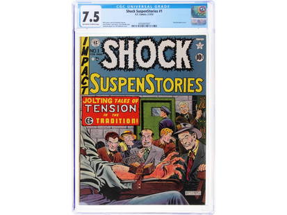 Shock SuspenStories 1 2-3/52 E.C. Comics CGC 7.5: Electrocution cover. Bill Gaines and Al Feldstein stories. Jack Kamen, Jack Davis, Joe Orlando and Graham Ingels art, Al Feldstein cover.CGC # 4354047007From the Cliff Collection, a lifetime collectio