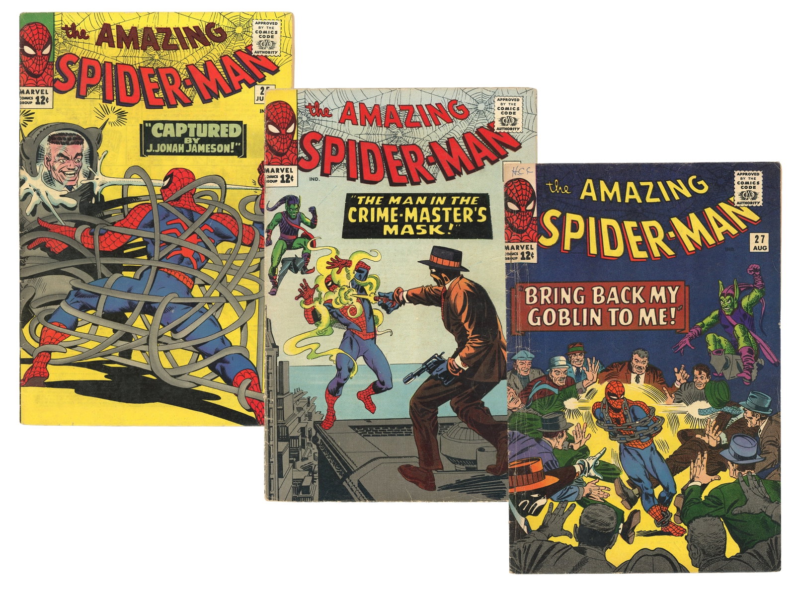 Amazing-Spider Man #25-27, Marvel 1965: Includes #25 (1st appearance of Spencer Smythe and the Spider-Slayers. 1st cameo appearance of Mary Jane Watson), #26 (1st appearance of Bennett Brant as Crime Master), and #27 (Death of Crime Master)