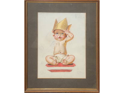 J. C. Leyendecker (1874 - 1951) Oil Study: Original Oil Study of a Baby. Oil and Pencil on Canvas. Baby with a Crown on his head. 9 1/2" x 13 1/2". The piece was purchased at Illustration house in 1981. Wonderful work is unsigned.