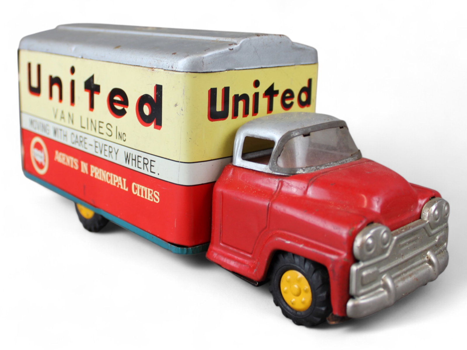 Tin Litho Japanese United Van Lines: 9 1/2". Paper label adhered underside can be removed with a damp sponge.