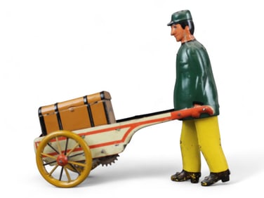 Stock Tin Wind Up Porter with Luggage Cart