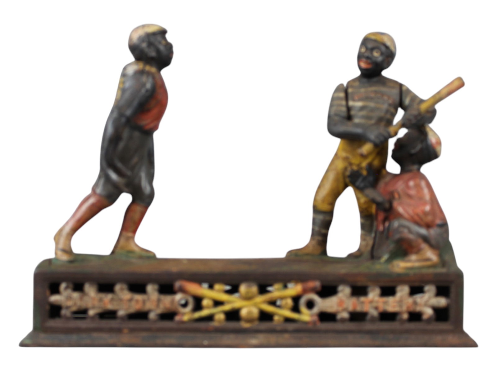 J&E Stevens Darktown Battery Cast Iron Bank: J&E Stevens Darktown Battery Baseball Cast Iron Bank. Working order.