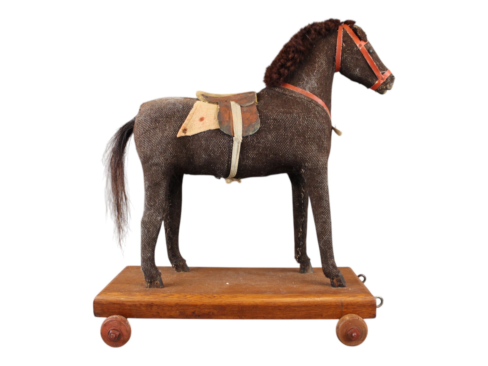 Burlap Covered Horse on Wheels: On Wood Base. 16 1/2" x 19" Tall