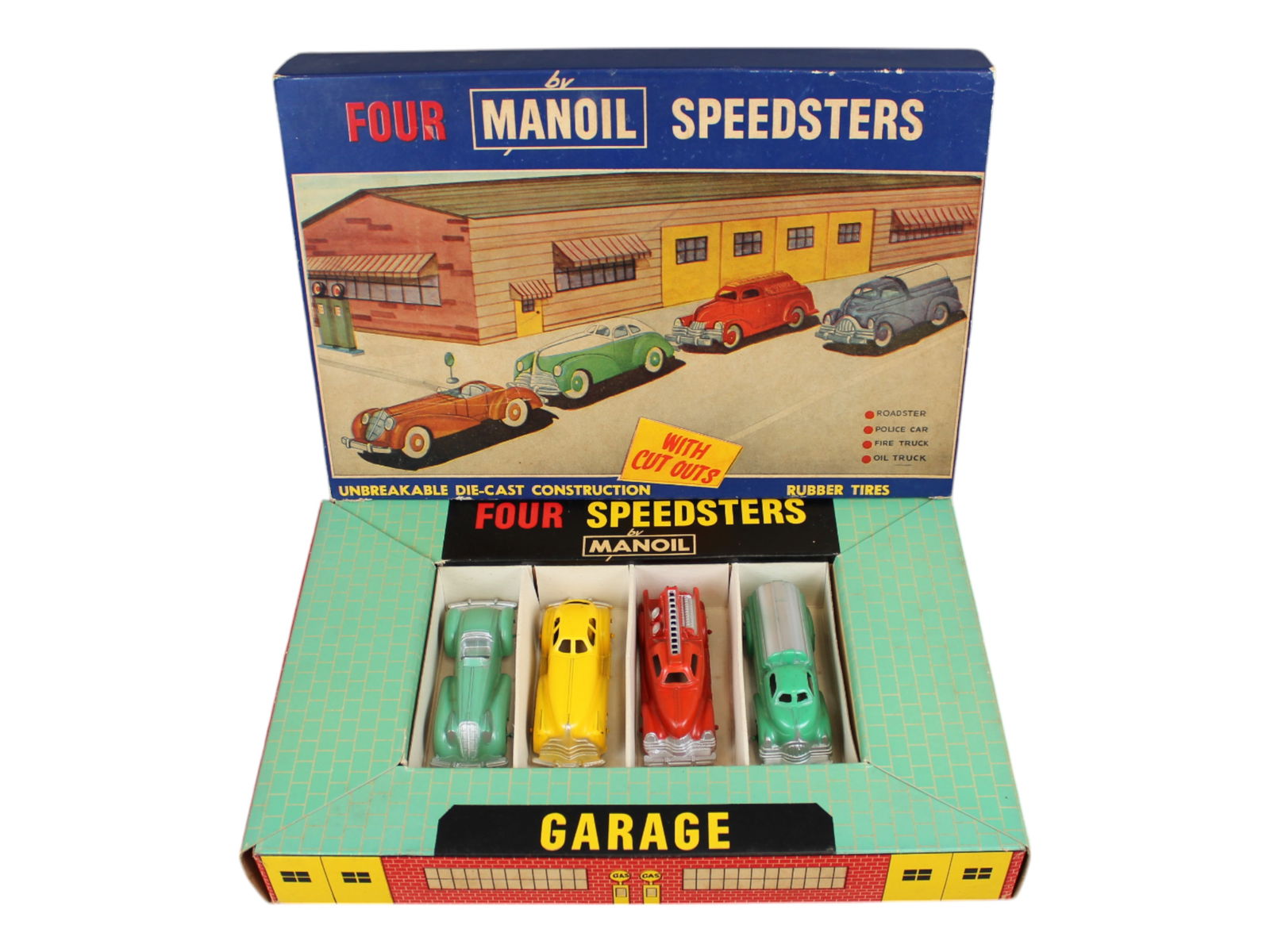 Manoil Speedster Boxed Set: Store stock set as new in original box; some wear to the box. From the Jack & Maurice Manoil Family Collection.