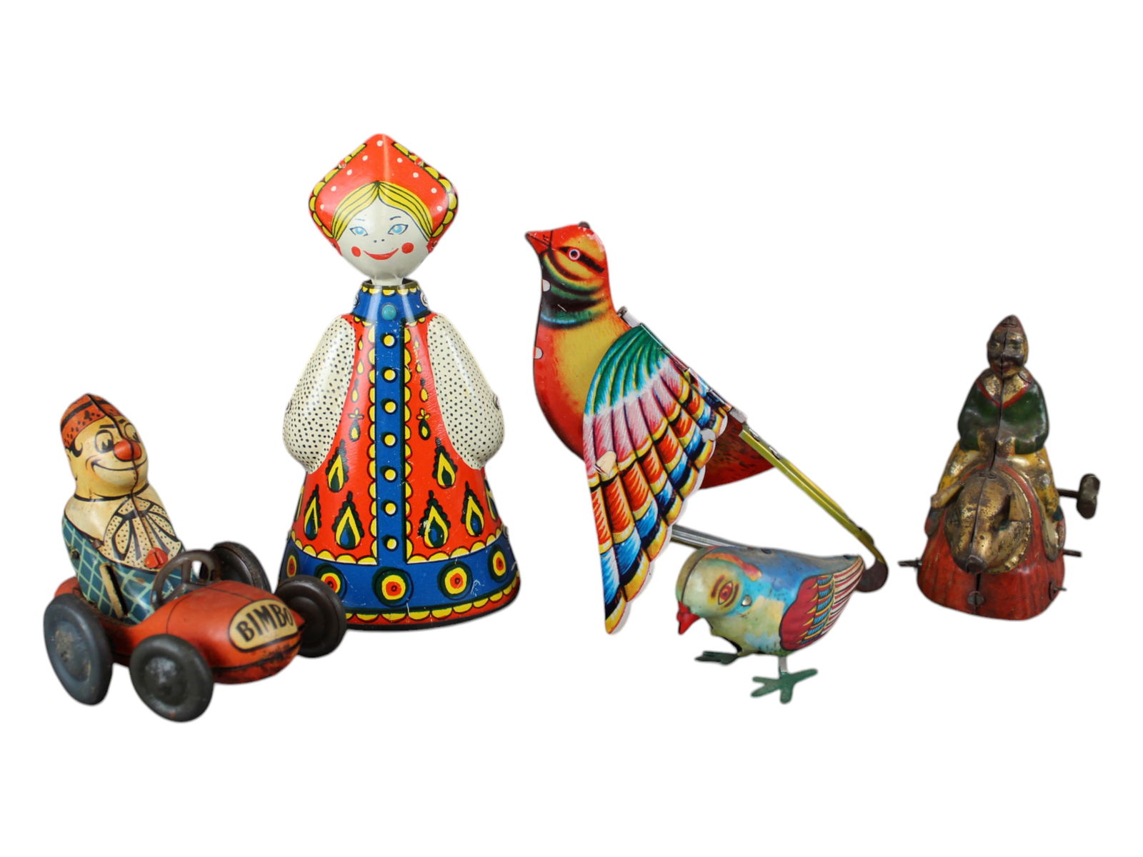 Lot of (5) Tin Toys: Includes Joustra Bimbo Wind Up Car, Early Wind Up Paddy and the Pig and (3) others. See images for details.