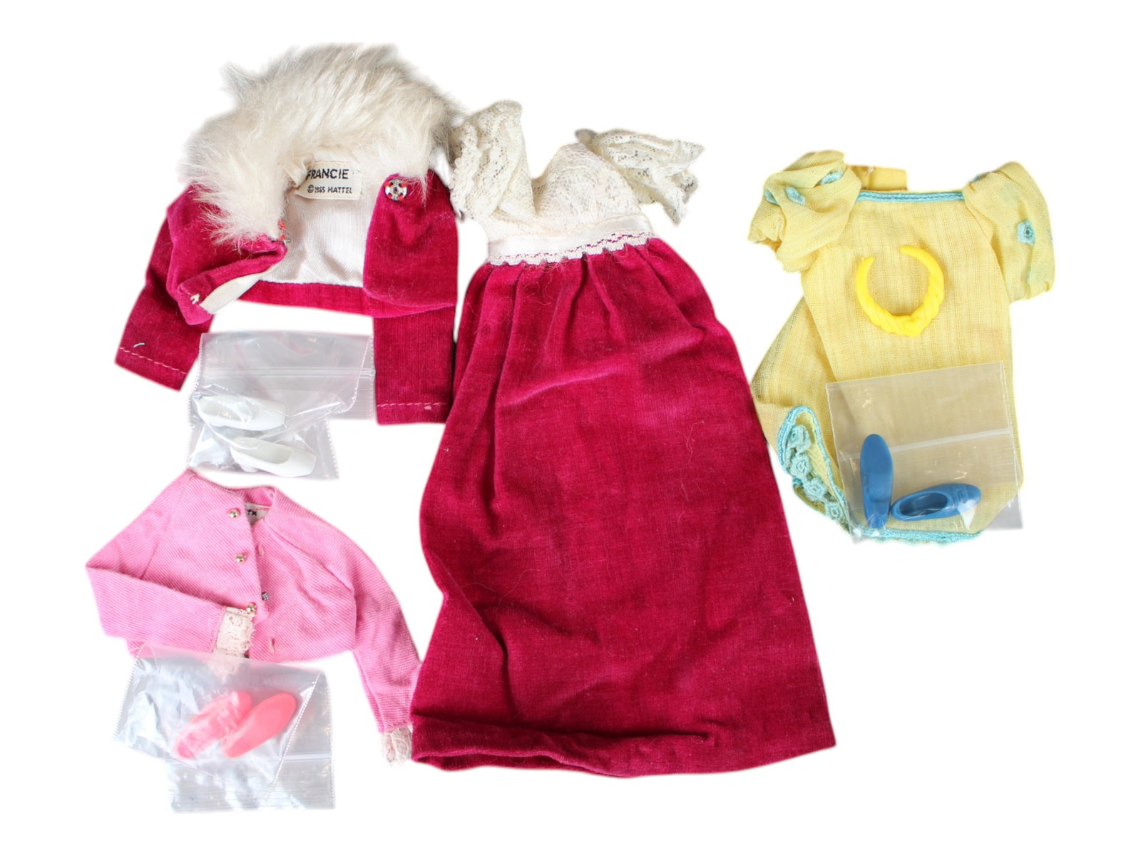 Vintage Lot of Barbie Fashion Clothes / Outfits: Includes #1223 Yellow Bit, #1228 Sissy Suits Jacket and Shoes, and #1768 Walt in Velvet. Images show items included. See images.