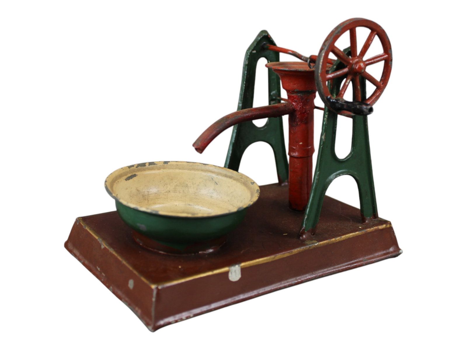 Steam Water Pump and Basin: Early European Tin Painted Piece with some repaint around spout. 6" long 4 1/" tall.