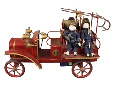 Early French Wind Up Fire Truck With Firemen