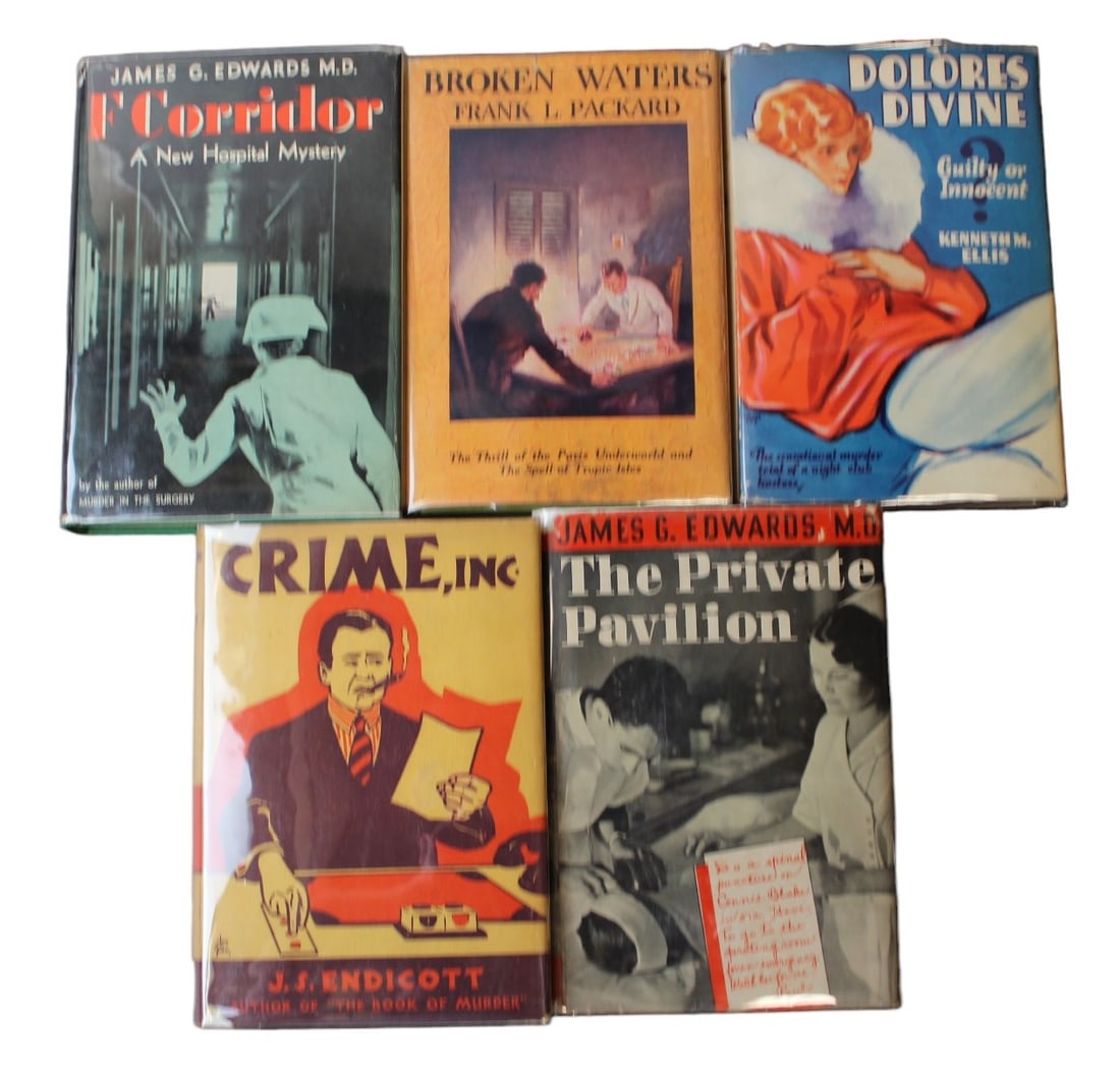 (5) Detective and Mystery Fiction in DJ's: Includes (2) Volumes by James G. Edwards includes 1st Edition The Private Pavilion in DJ. See images for details.