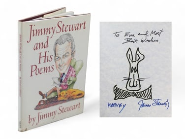 Jimmy Stewart Signed Book with Harvey Drawing