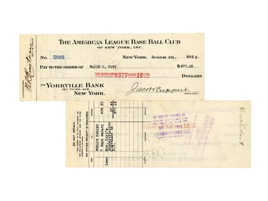 1922 NY Yankees Payroll Check Waite Hoyt (HOF)