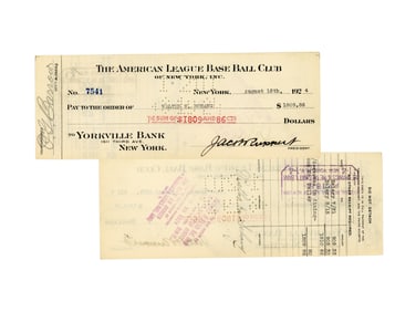 1924 NY Yankees Payroll Check Wally Schang