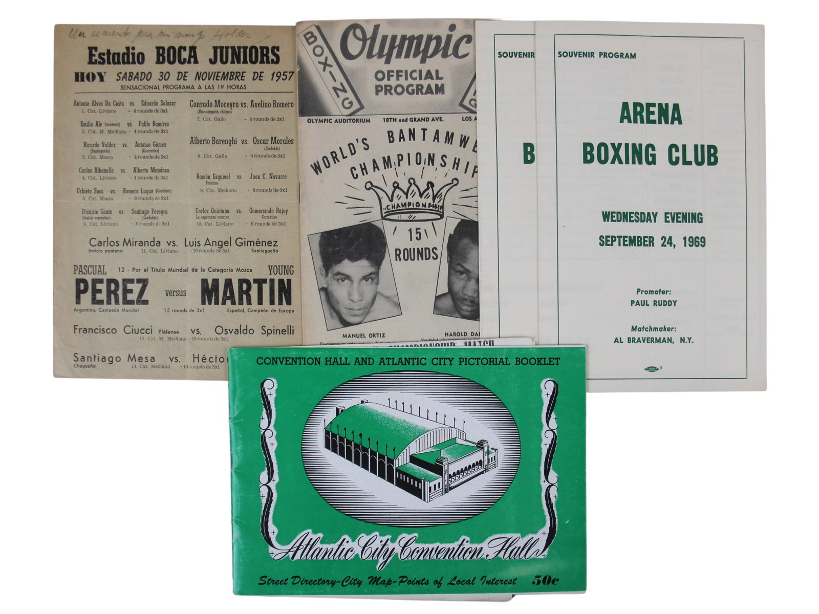 (5) Piece Boxing Program and Ephemera Lot: Includes (2) September 24th 1969 Arena Boxing Club Programs, 1947 World's Bantamweight Championship Program featuring Manual Ortiz & Harold Dade, 1957 Spanish Boxing Handbill and a 1960's Atlantic Cit