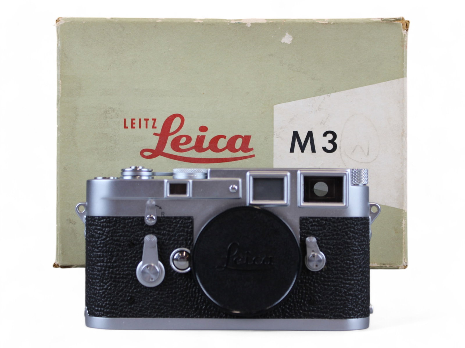 Leica M3 Chrome in Box: Leica M3 Chrome in box. Serial number 918865, ca. 1958. Box is missing internal packaging. Matching serial number written on bottom of box. From single owner, lifetime Leica and photographica collecti