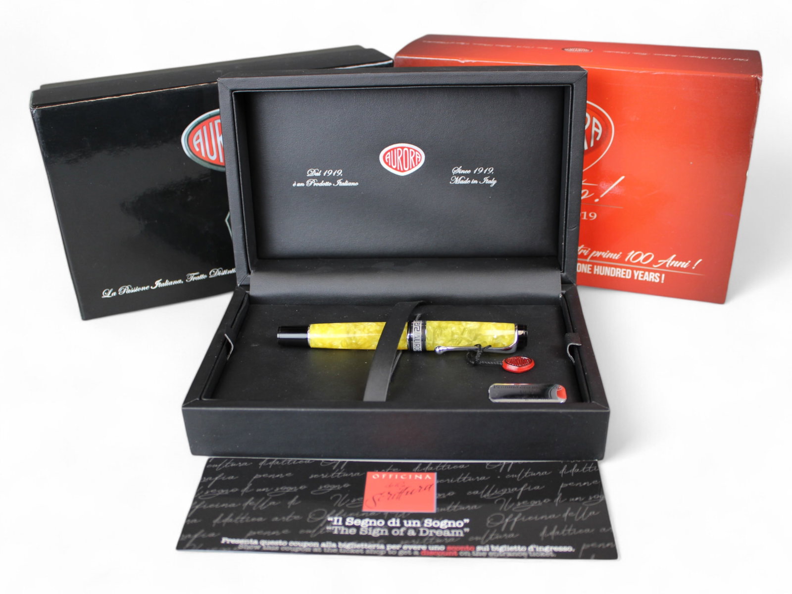 Aurora Optima 366 Auroloide Limited Edition FP: Boxed Aurora Optima 366 Yellow Auroloide limited edition fountain pen, number 032 of 366, with 18k medium nib. Appears mint (uninked).