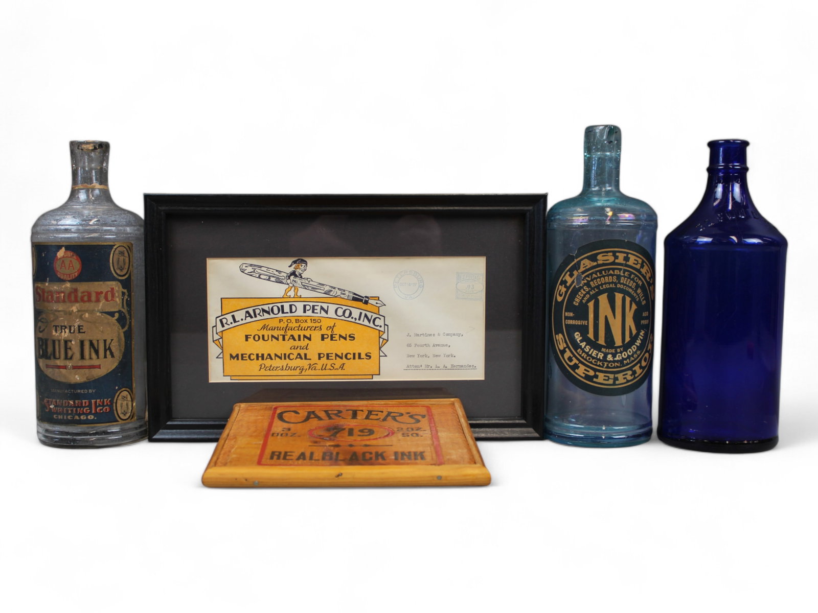 Fountain Pen Ephemera and Ink Lot: Includes (3) Early Ink Bottles, Carter's Black Dot Crate Panel & R. C. Arnold Pen company, decorated envelope.
