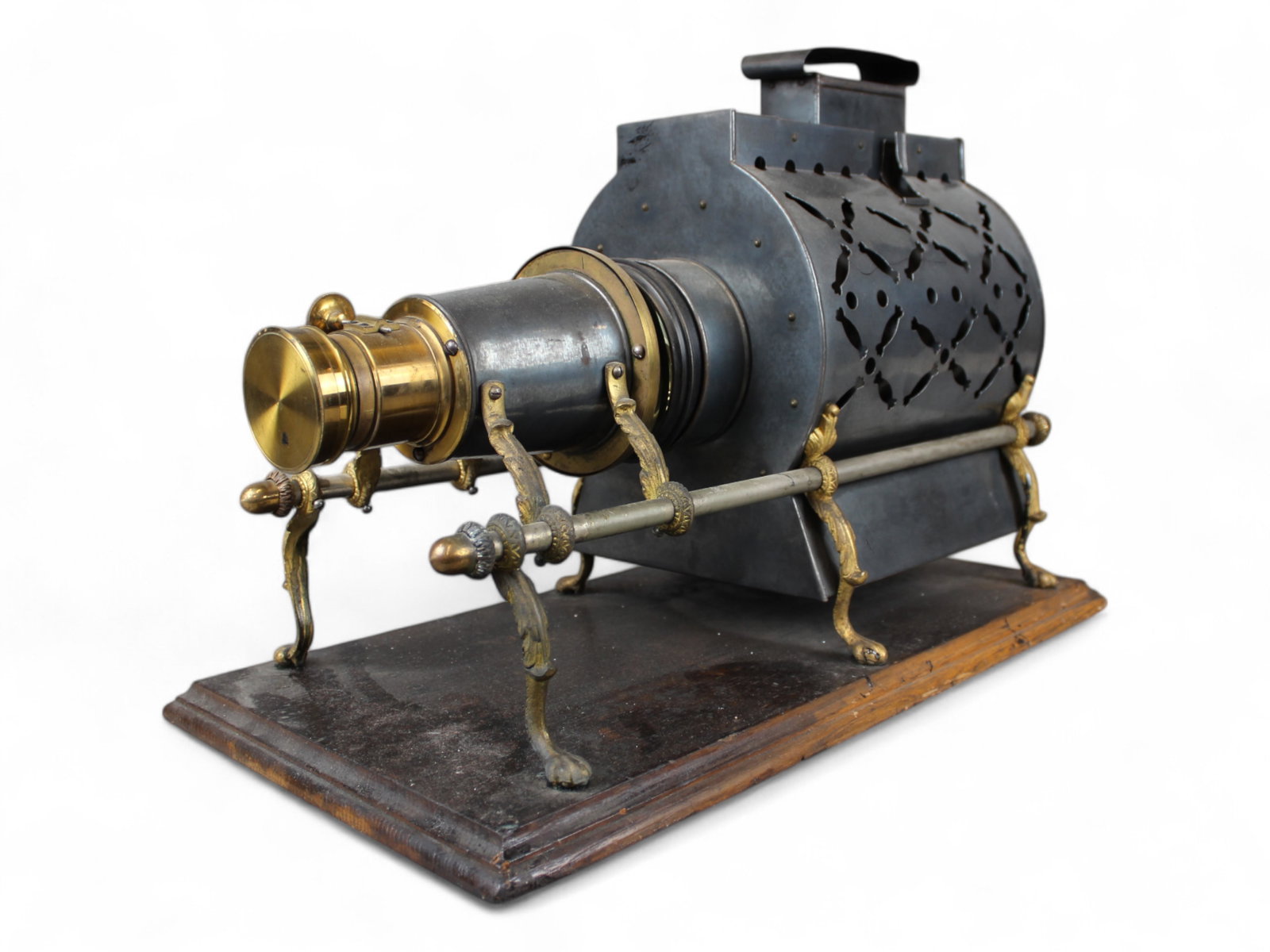 Pettibone Sciopticon Magic Lantern with Disc: The Pettibone Mfg. Co., Military & Society, Cincinnati, Ohio. 2 part metal magic lantern projector, joined together by brass metal legs, to two metal arms with brass acorn end caps. Made of decorated