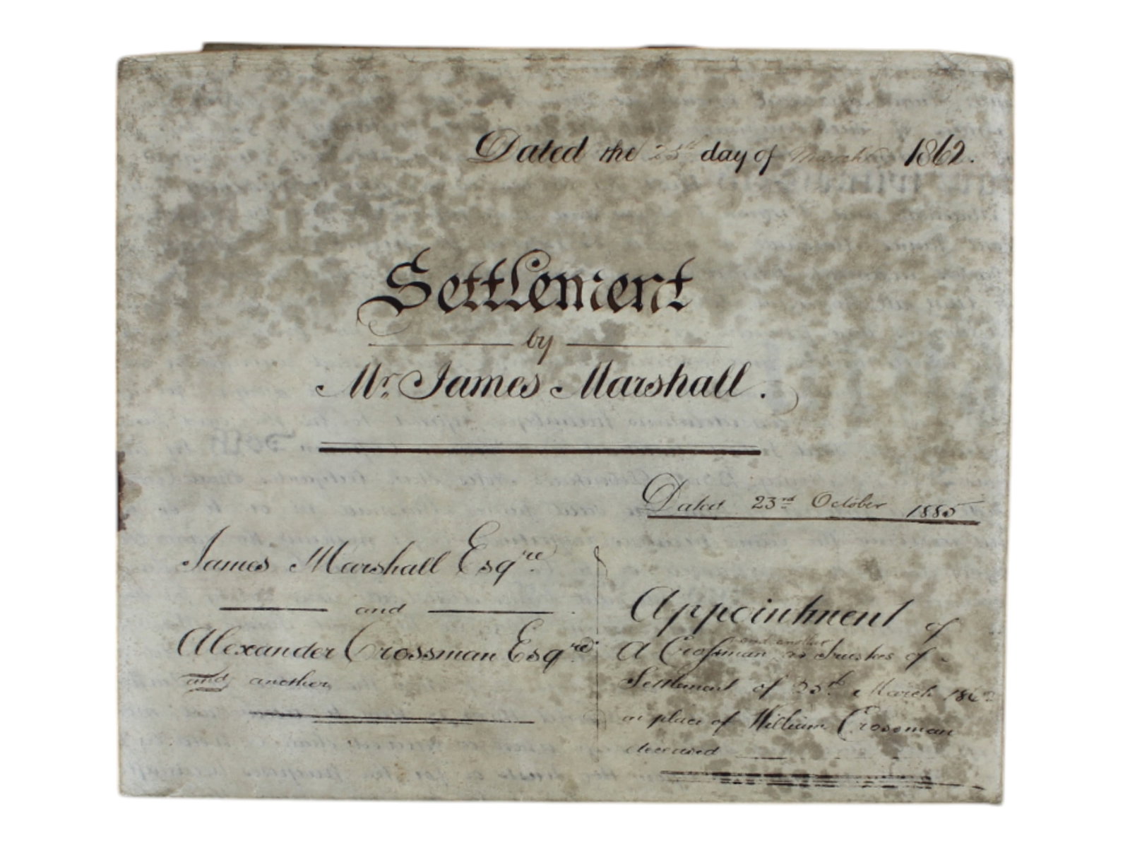 Vellum 1862 Estate Settlement Re: Railroad Stock: 1862 British estate settlement and trust indenture of the estate of James Marshall, initially dated March 1862 and dated, as modified, October 1885, consisting of 4 large sheets of vellum, each measur