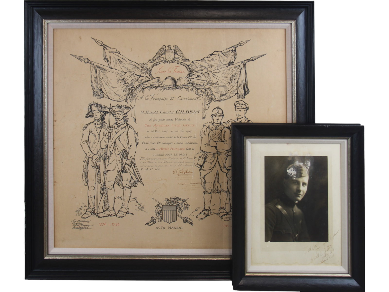 WW1 American Field Service Diploma & Signed Photo: Presented to Harold Charles Gilbert, this is his WW1 American Field Service Volunteer Diploma serving as Ambulance Truck Driver. Dated May 19th, 1917 - Nov 16th, 1917. Signed and stamped. Sight seen a