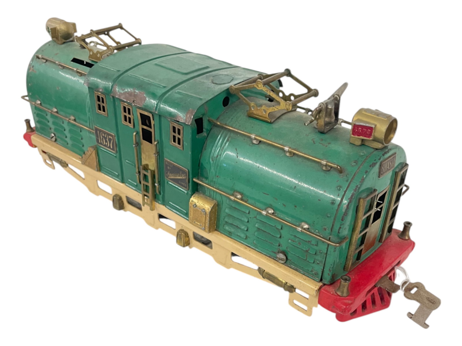 American Flyer 3627 Shasta Electric: Standard Gauge. Has bell mechanism, rewheeled with solid discs; restored frame, roof modified, rest shows moderate play wear.