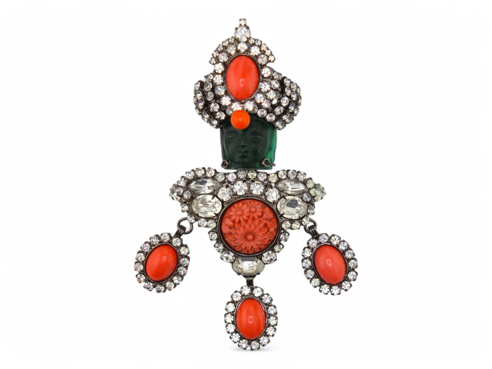 Lawrence Vrba Princess with Crown Brooch: 6+" long Princess in Green with Rhinestone and Cabochon Crown Brooch