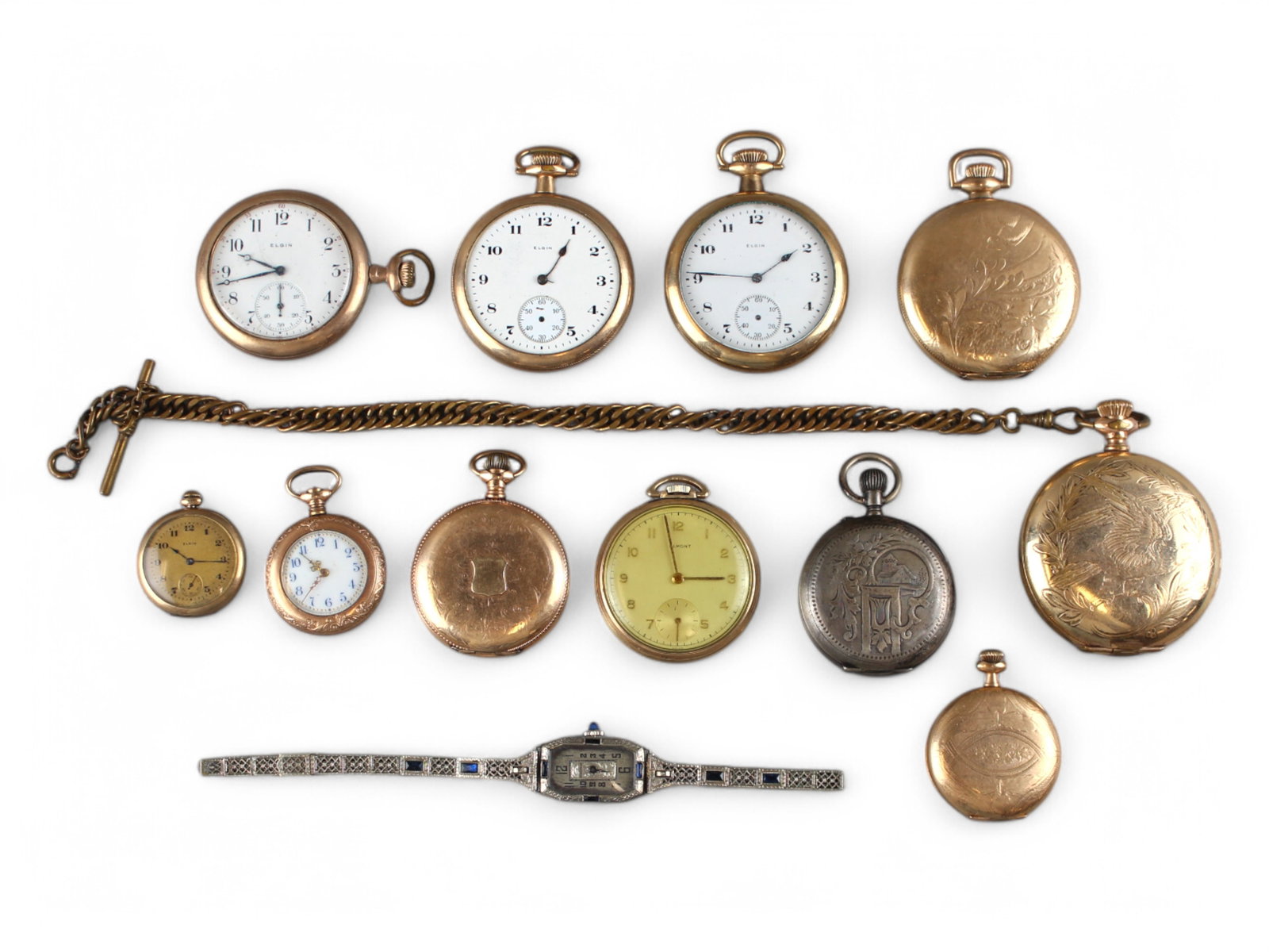 (12) Pocket Watches & Watch: 11 pocket watches and 1 wrist watch in gold filled and base metal. Includes Elgin, Waltham, Elmont and unmarked.