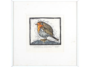 Linocut of a Robin, Artist Signed