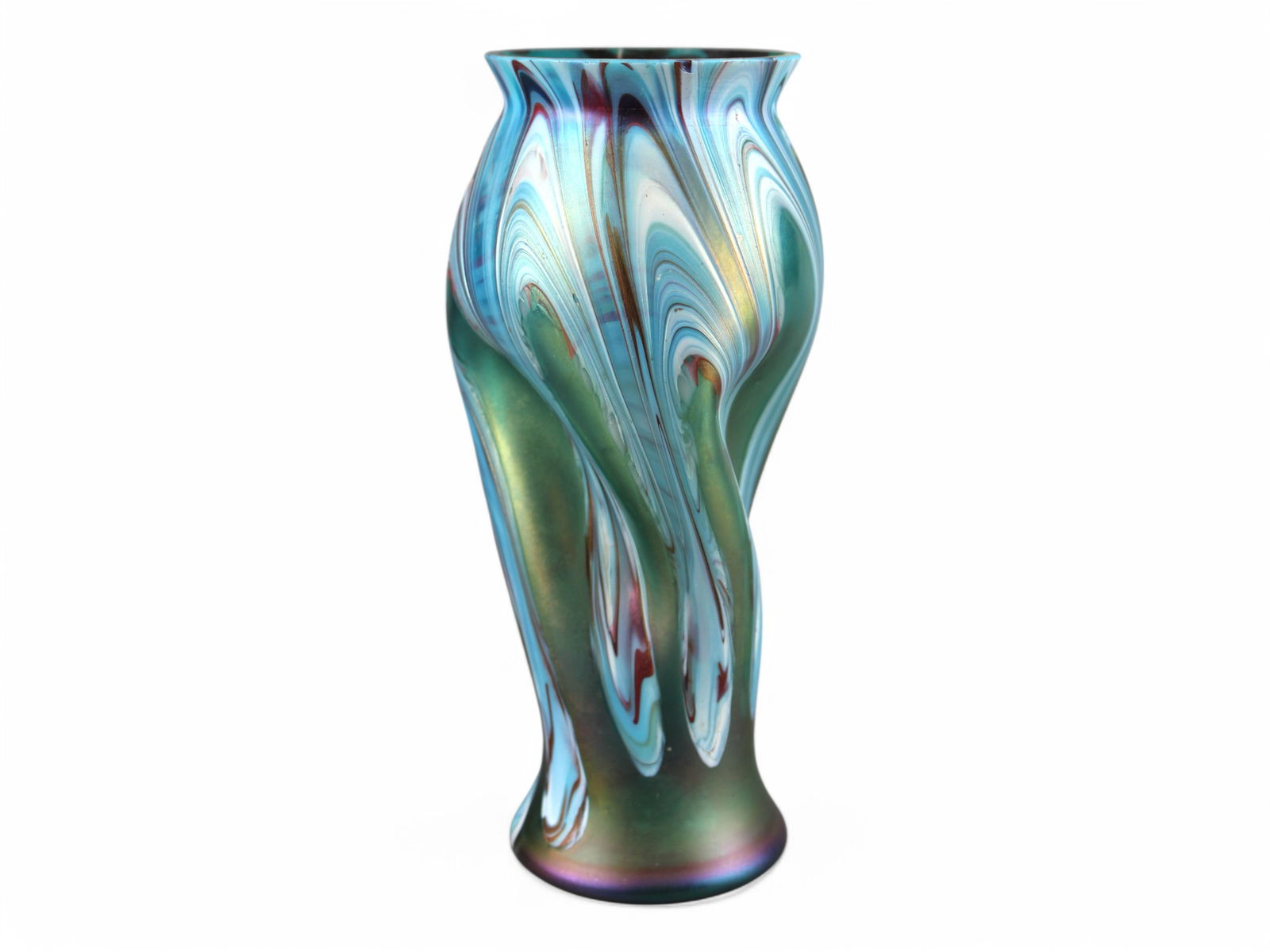 Loetz Art Glass Aurene Vase: Loetz Art Glass in blue aurene. Approx. 8 1/4'' tall. 3 small chips on rim.