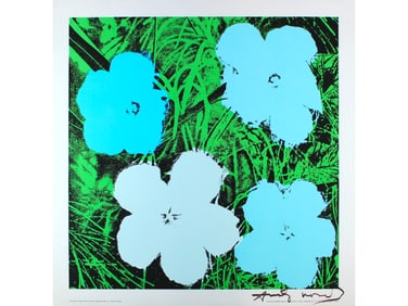 Andy Warhol Signed Blue & Green Flowers Poster