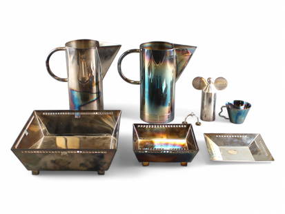 Richard Meier Swid Powell Silver Plate Grouping: Richard Meier (& others) for Swid Powell silver plated grouping, circa 1980's. Includes (2) Water Pitchers (8-5/8" high, made in Argentina), square dish (6" x 6", made in Italy), footed square bowl (6