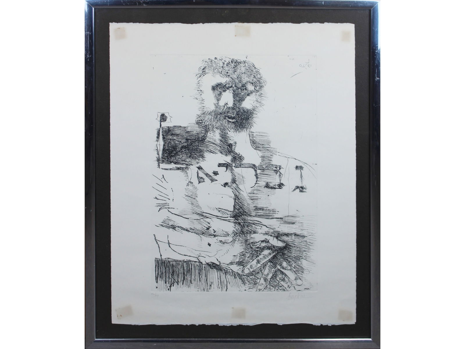 Leonard Baskin, Signed and Numbered Etching: Offered is an etching by Leonard Baskin (American, 1922-2000). Pencil signed lower right, and pencil numbered lower left 142/217. Top and bottom edge have dark spots from the tape on the verso. Overal