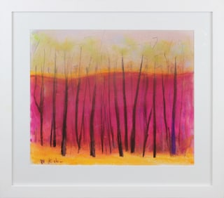 Wolf Kahn Signed Pastel, Dark Trees Over Red