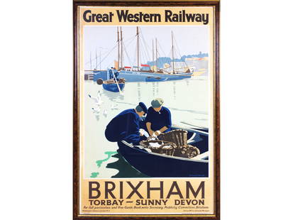 Brixham, Great Western Railway, R. Granger Barrett: Lithograph poster, circa 1930. Artwork by R. Granger Barrett. Printed by Straker Brothers Ltd, England. Appears to be greatly influenced by Tom Purvis. Sight seen approx. 25" x 40", overall frame size