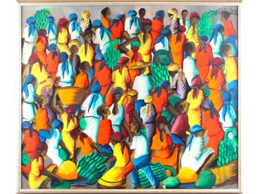 Felix Jean, Oil on Masonite, Haitian Market Scene