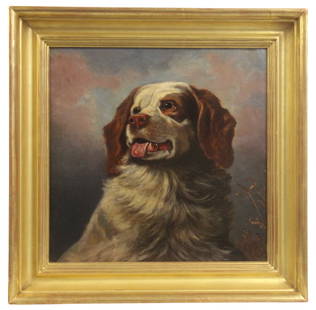 (Attr.) Arthur Fitzwilliam Tait O/C Portrait of Dog: Oil on canvas painting depicting a "Portrait of a Dog", attributed to Arthur Fitzwilliam Tait (American, 1819-1905). Unsigned. Image size seen approx. 16" x 16", overall frame size approx. 21" x 21".
