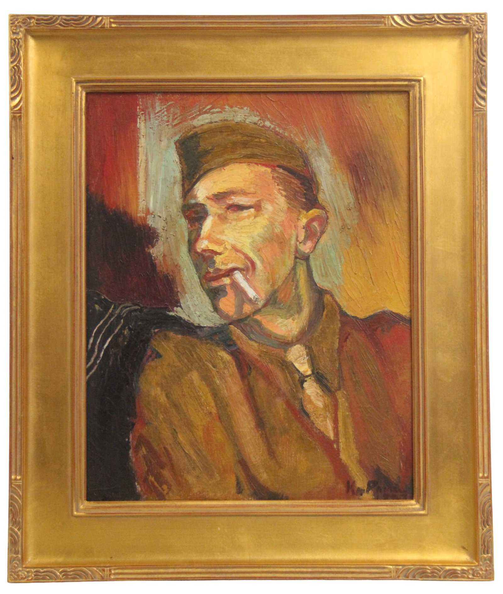 Oil on Canvas, "Portrait of a Soldier", Signed: Oil on canvas painting, American School (20th Century). Depicts a "Portrait of a Soldier". Artist signed lower right and dated, however illegible. Image size seen approx. 16" x 20", overall frame size