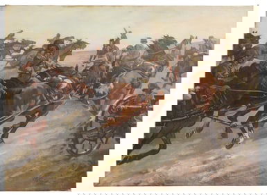 Large Oil on Canvas, "Military Landscape", Signed