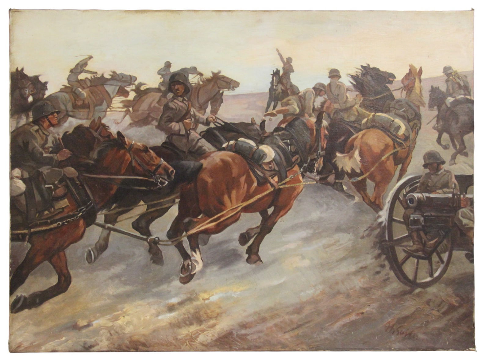 Large Oil on Canvas, "Military Landscape", Signed (1 of 3)