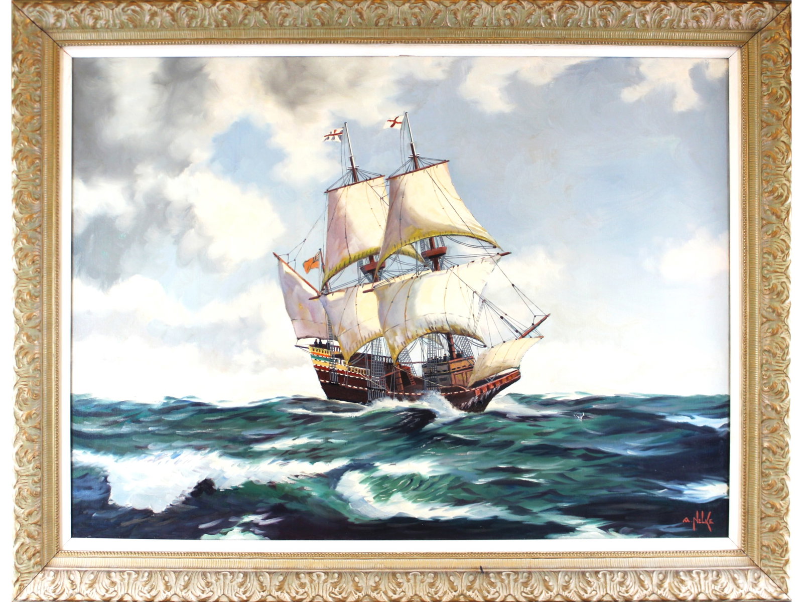 Alexander Nelke, Oil on Canvas Clipper Ship: Offered is a large oil on canvas painting by Alexander Nelke (NY, SC, Estonia, 1894-1974). Signed lower right. Great image of a clipper ship at full sail. Sight seen approx. 41-3/4" x 29-3/4", overall