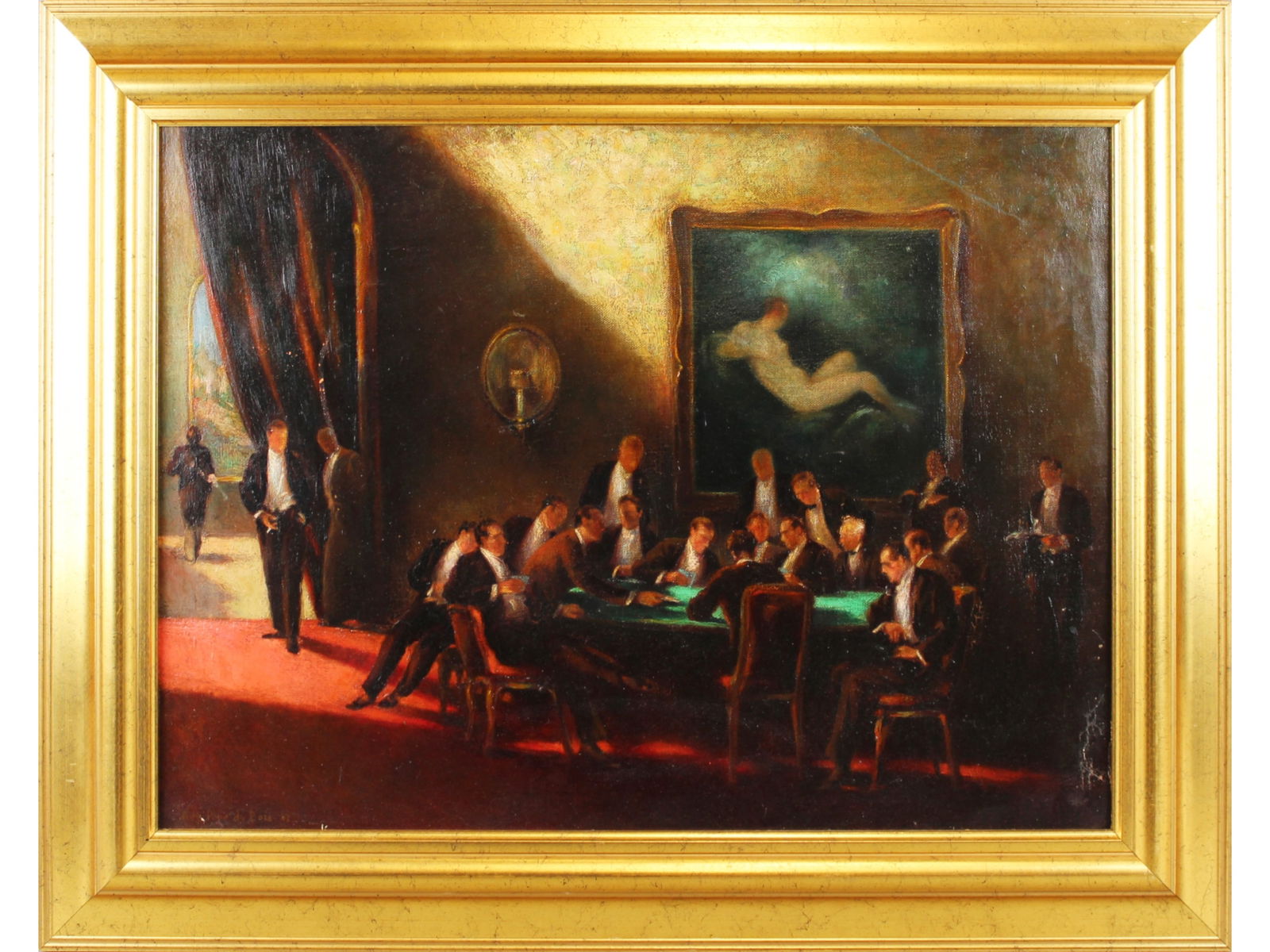 Attributed to Guy Pene Du Bois, Gentlemen's Club: Attributed to Guy Pene Du Bois (American, 1884-1958). "Gentlemen's Club", 550 Fifth Avenue, NY., 1923. Oil on canvas laid on board. Signed and dated lower left Guy Pene Du Bois 23. Sight seen approx.